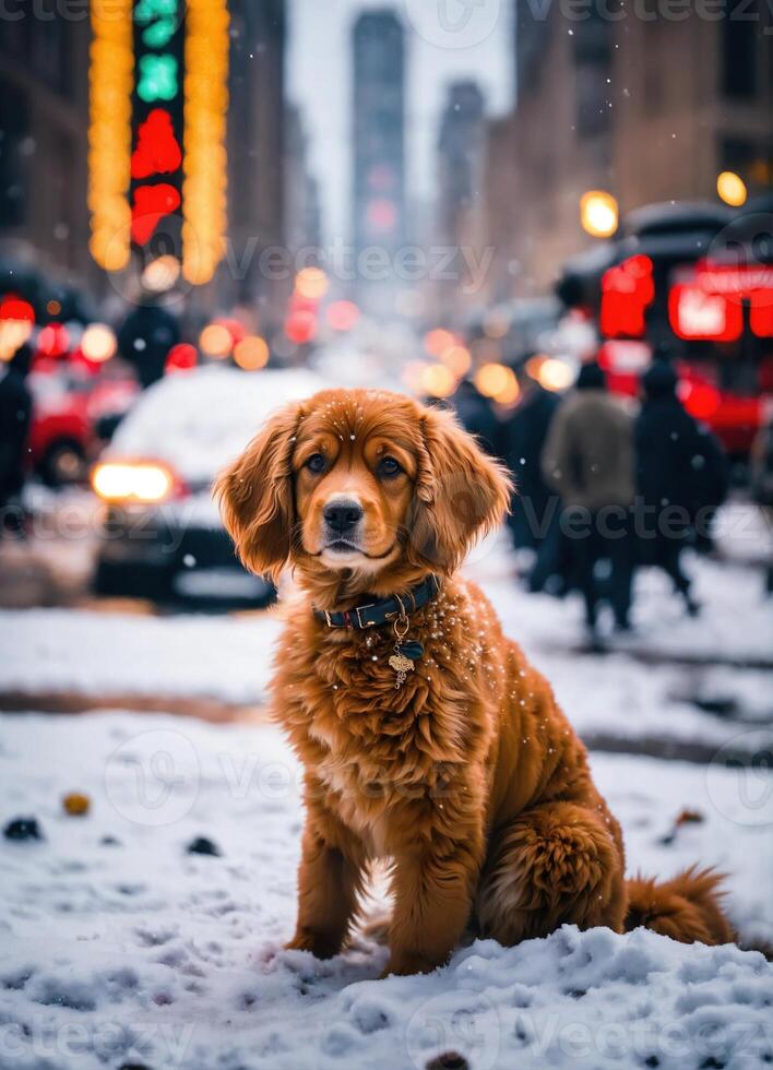 ai gegenereerd schattig nova scotia eend tolheffing retriever hond zittend Aan een besneeuwd straat. ai generatief foto