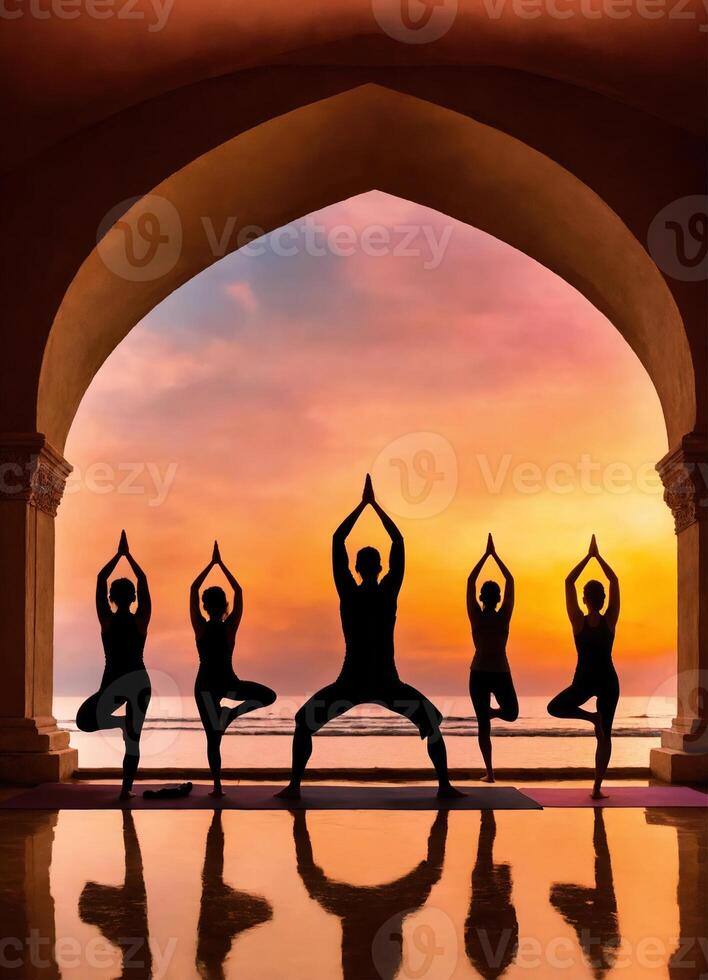 ai gegenereerd silhouet van jong Dames beoefenen yoga Aan de strand Bij zonsondergang. ai generatief foto