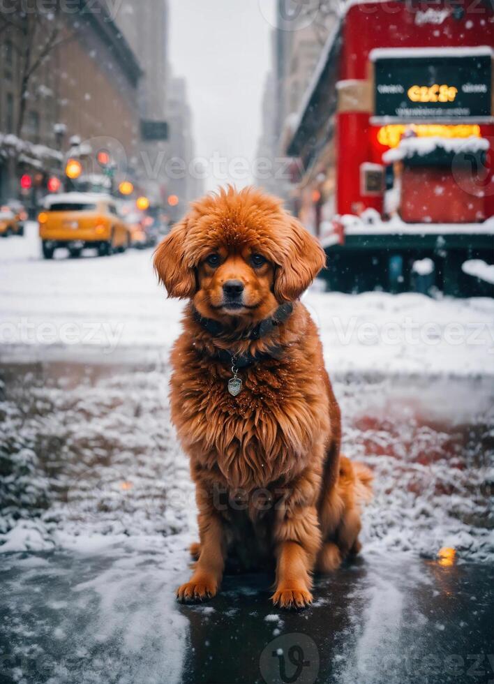 ai gegenereerd schattig nova scotia eend tolheffing retriever hond zittend Aan een besneeuwd straat. ai generatief foto