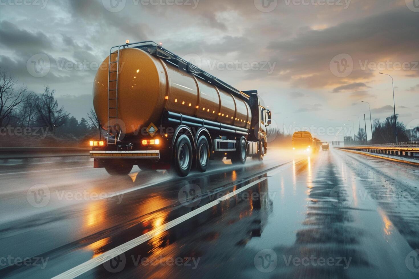 ai gegenereerd olie vrachtauto Aan de snelweg Bij zonsondergang. vervoer en logistiek concept. foto