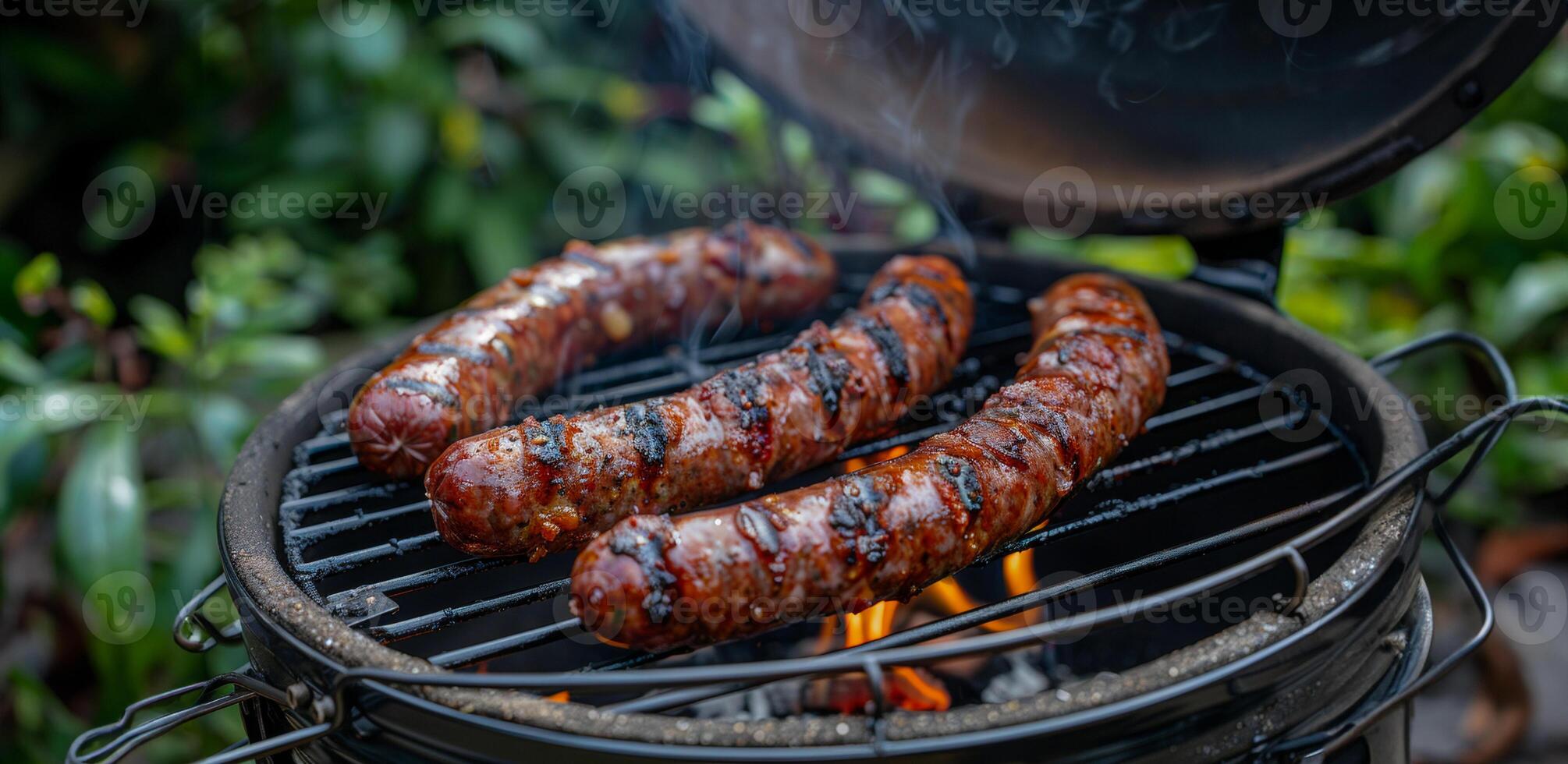 ai gegenereerd sissend worstjes Koken Aan een vlammend rooster foto