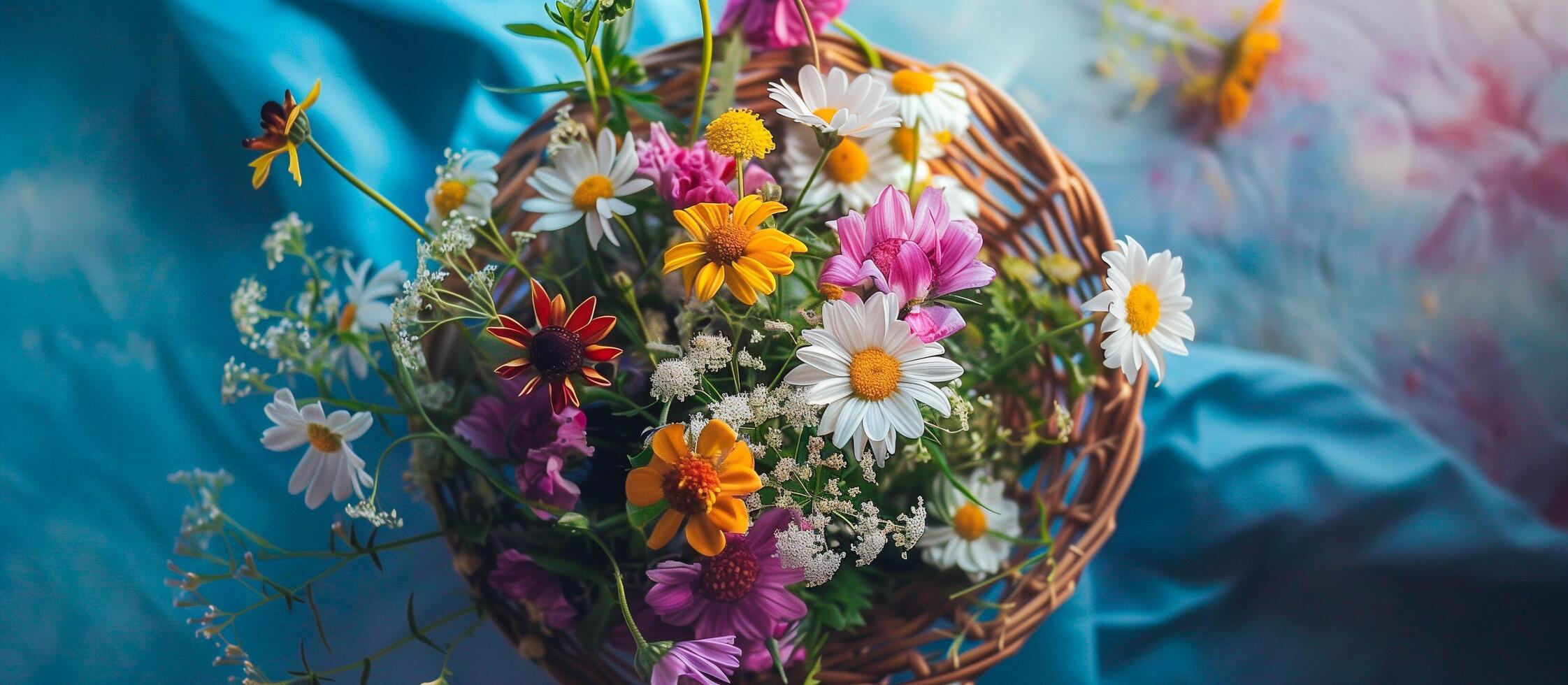 ai gegenereerd wilde bloemen in rustiek mand met blauw achtergrond foto