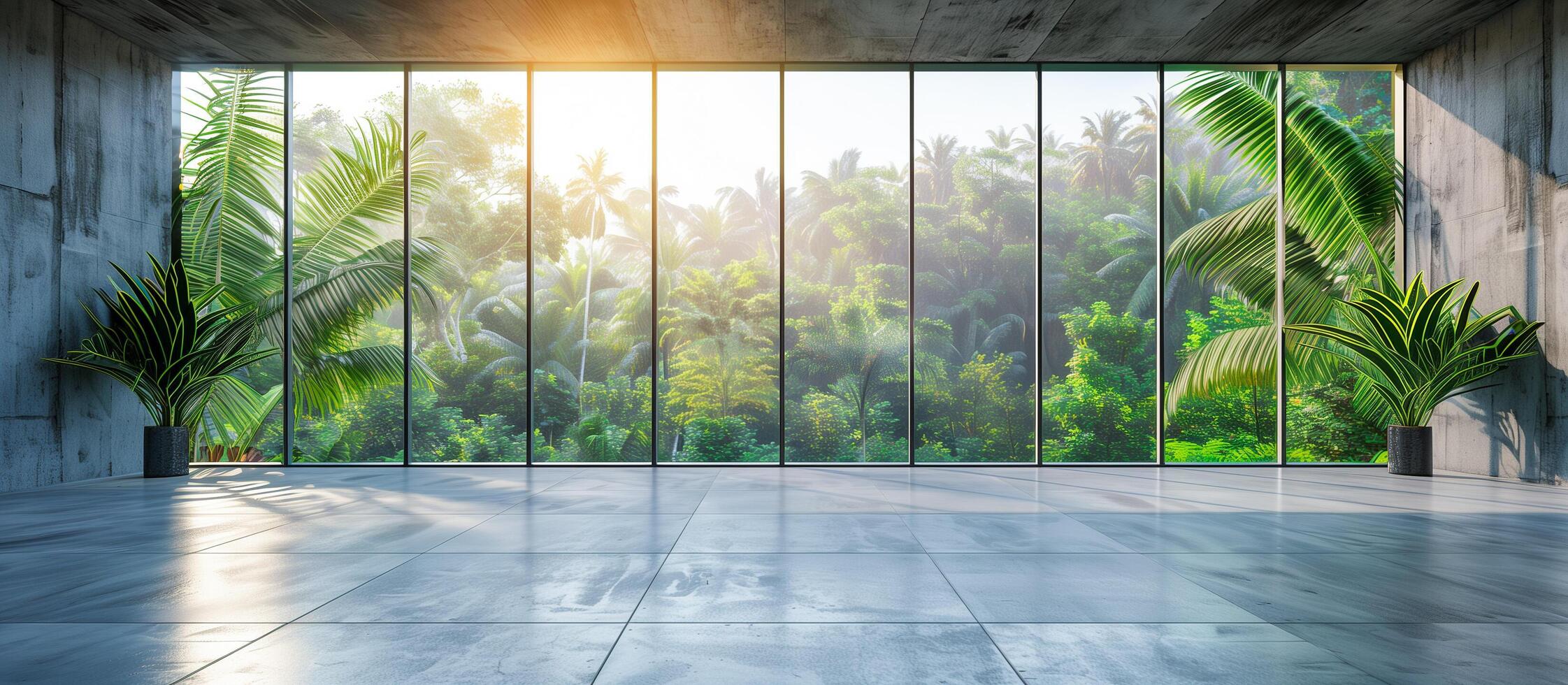ai gegenereerd leeg modern leven kamer van glas venster met beton verdieping en Woud visie concept achtergrond foto