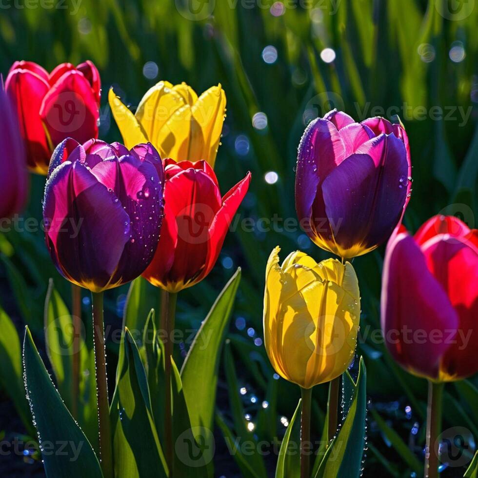 ai gegenereerd ongelooflijk mooi veelkleurig tulpen in de nacht weide foto