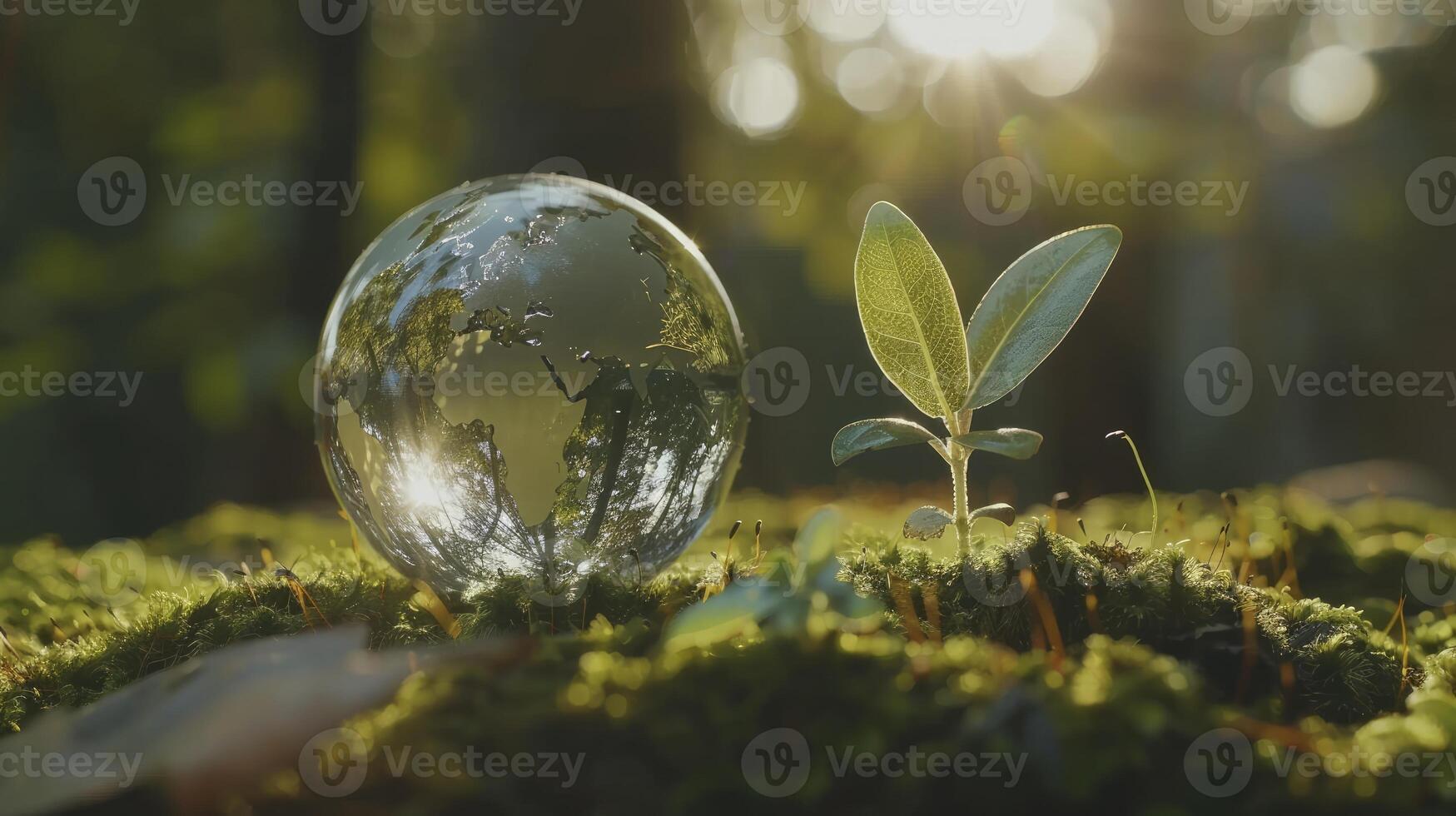 ai gegenereerd aarde wereldbol Aan bed van mos, symboliseert hoop en duurzaamheid met ontspruiten fabriek foto