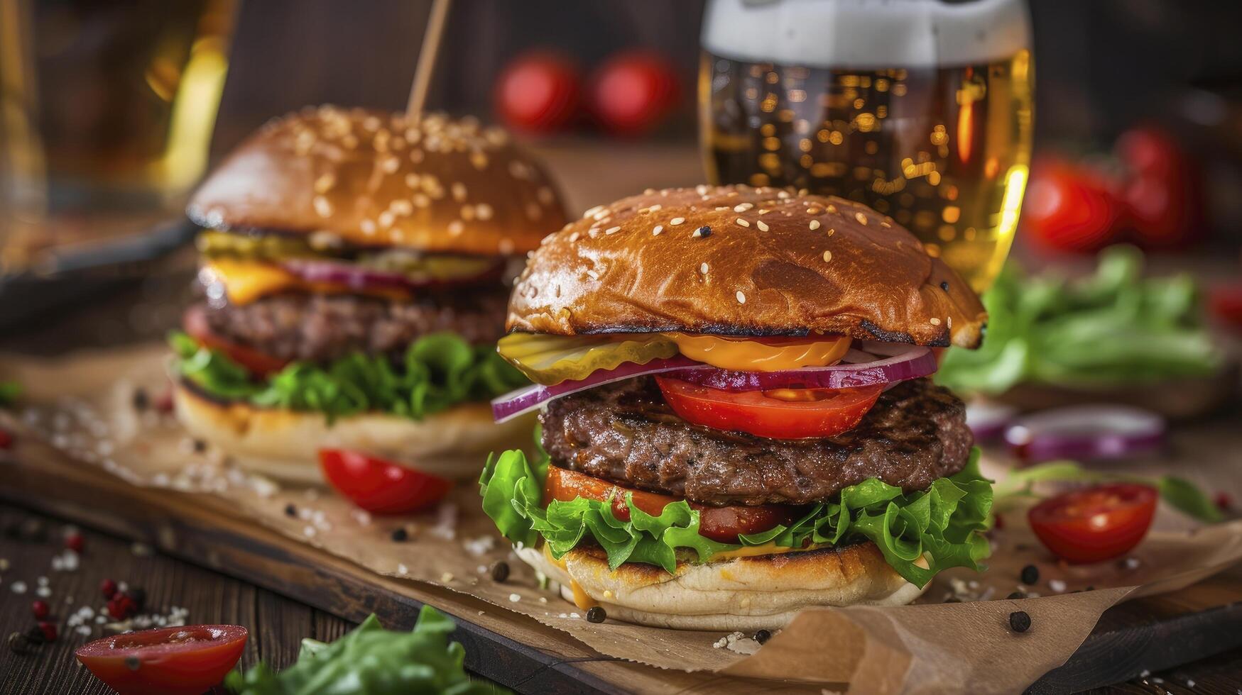 ai gegenereerd rundvlees hamburger met bier glas in een restaurant foto