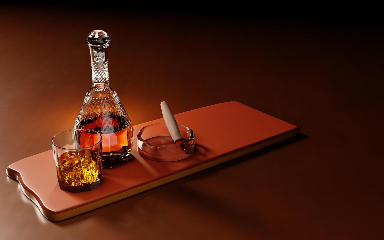 cognac of whisky in een helder glas met ijsblokjes. alcoholische dranken geplaatst op houten onderzetters. bar drankje concept. 3D-rendering. foto