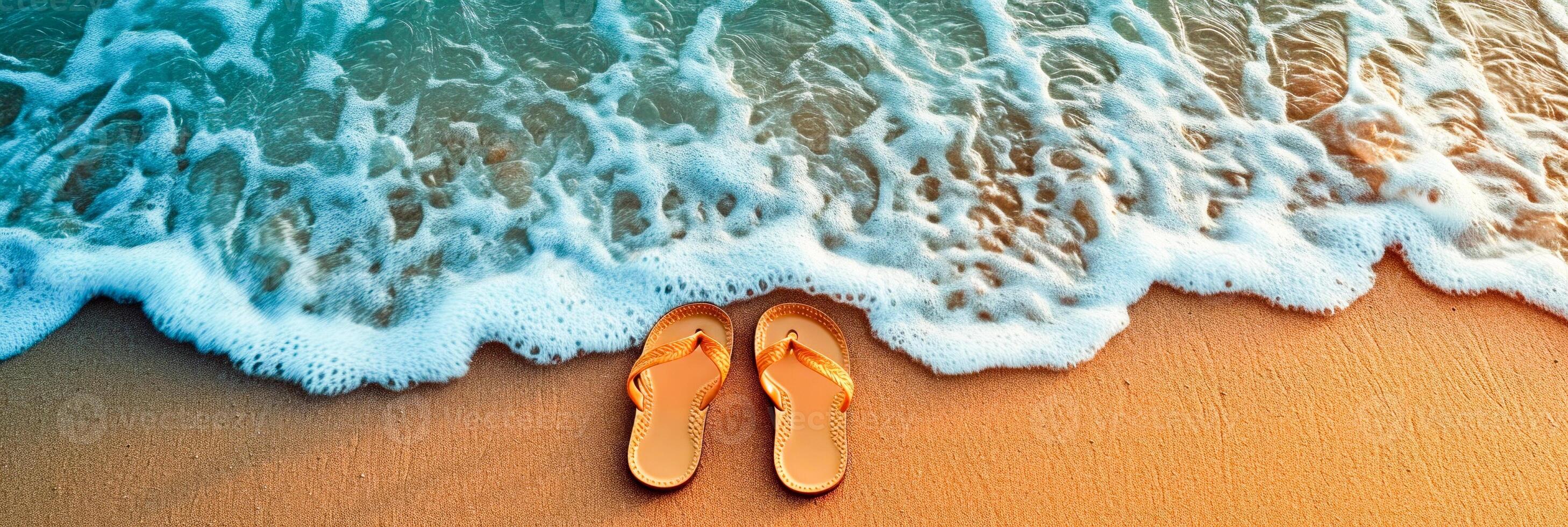 ai gegenereerd een paar- van oranje sandalen Bij de rand waar teder golven ontmoeten de zanderig strand. foto