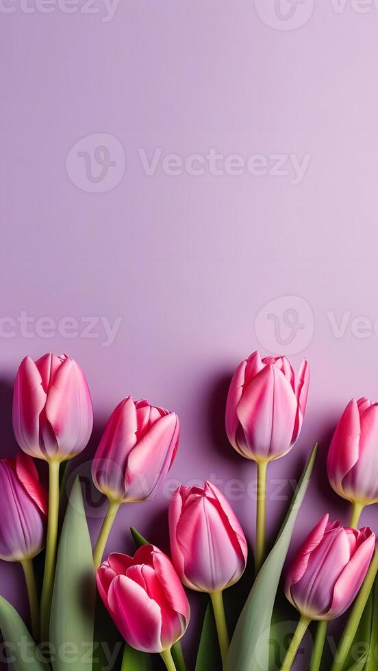 ai gegenereerd tulpen Aan lavendel achtergrond, instagram, verhaal formaat foto