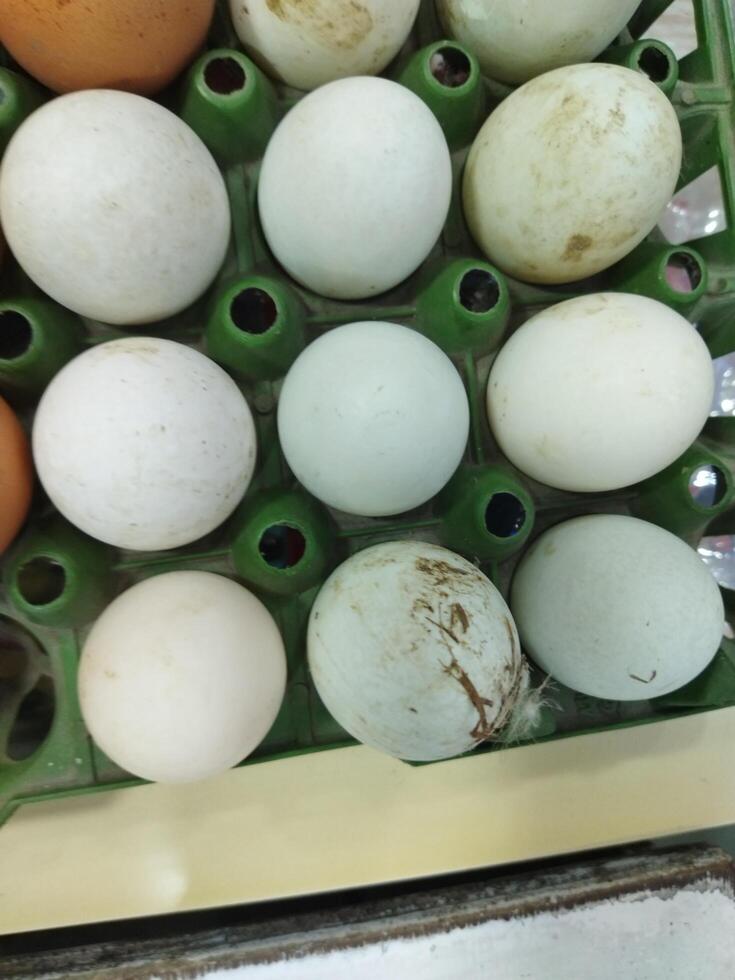 een groot aantal van eieren in een groen houder foto