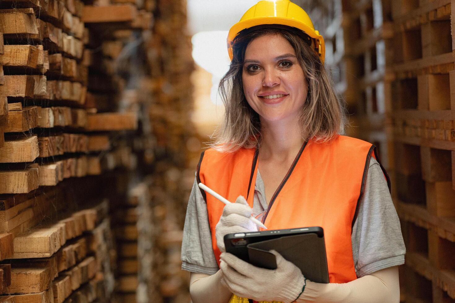 vrouw arbeider timmerman vervelend veiligheid uniform en moeilijk hoed werken en controle de kwaliteit van houten producten Bij werkplaats productie. Mens en vrouw arbeiders hout in donker magazijn industrie. foto