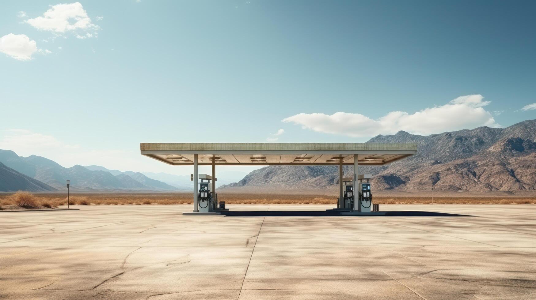 ai gegenereerd leeg modern gas- station in Verenigde Staten van Amerika woestijn groot copyspace foto