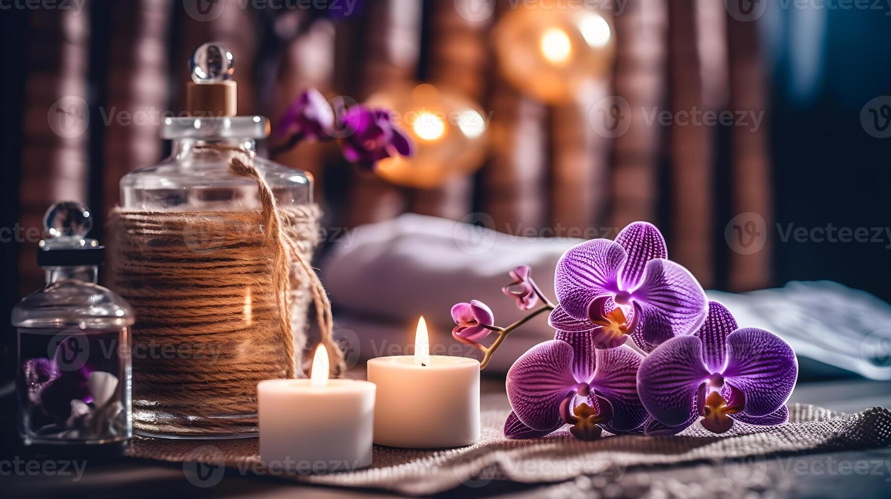 ai gegenereerd spa instelling met kaarsen en orchidee bloemen foto