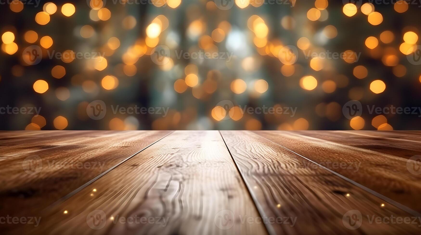 ai gegenereerd houten tafel met bokeh lichten achtergrond foto