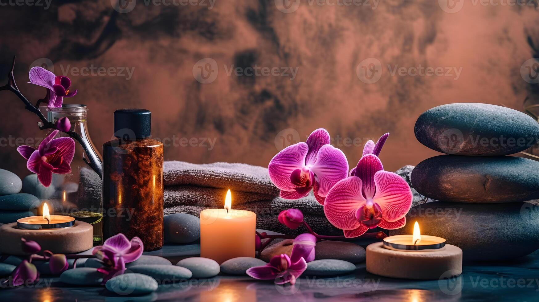 ai gegenereerd spa instelling met kaarsen en orchidee bloemen foto