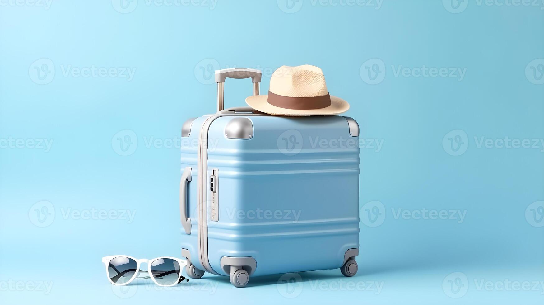 ai gegenereerd blauw koffer met hoed, zonnebril en zonnebril Aan een blauw achtergrond foto