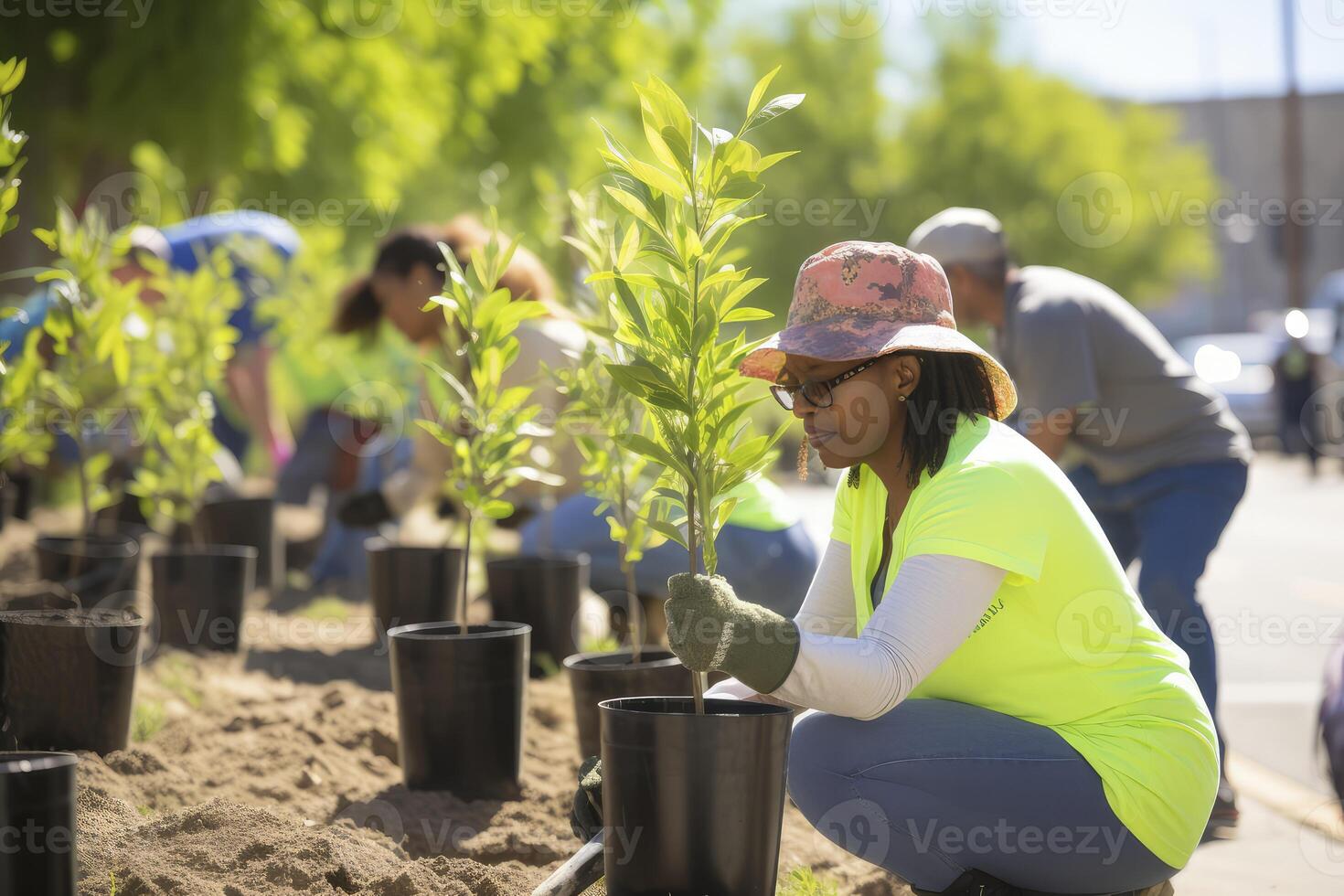 ai gegenereerd groep van mensen aanplant bomen in een park foto