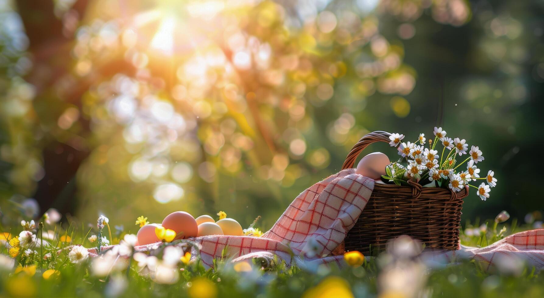 ai gegenereerd picknick deken met mand van eieren foto