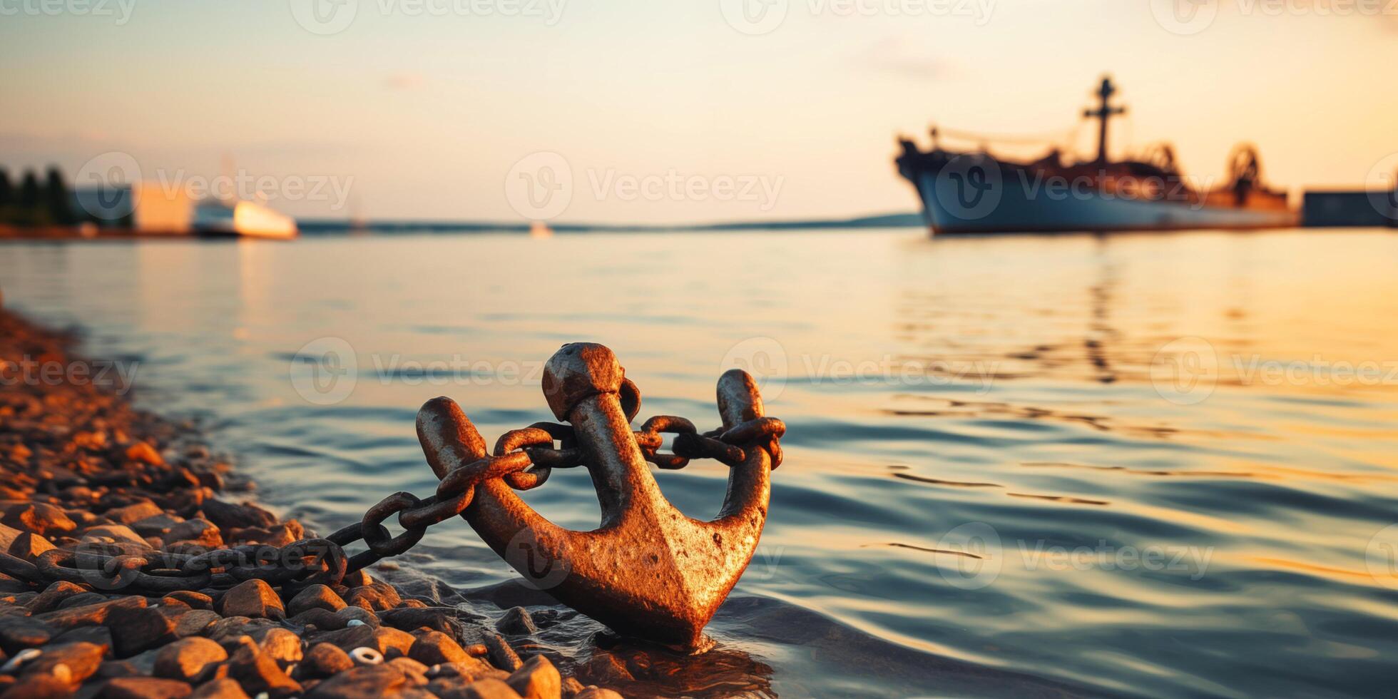 ai gegenereerd schip anker Aan zonsondergang achtergrond in kust- haven foto