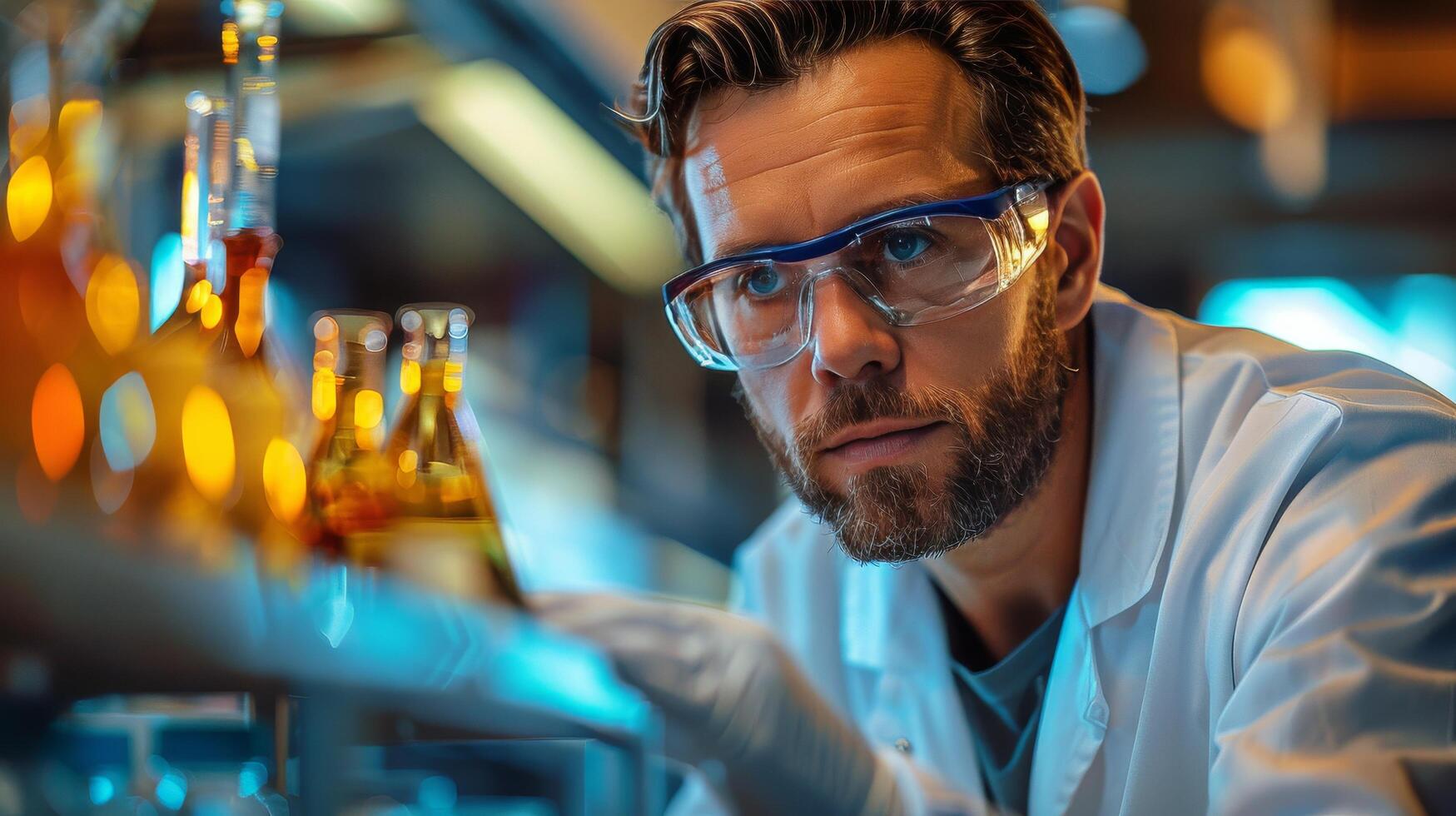 ai gegenereerd wetenschapper inspecteren fles in laboratorium foto