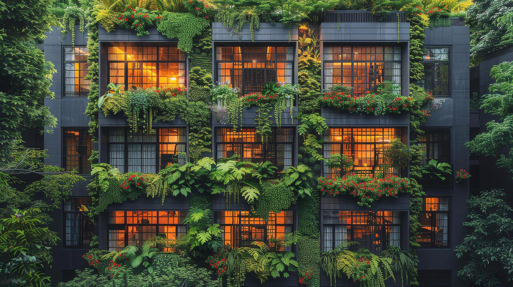 ai gegenereerd gebouw facade gedekt in planten foto