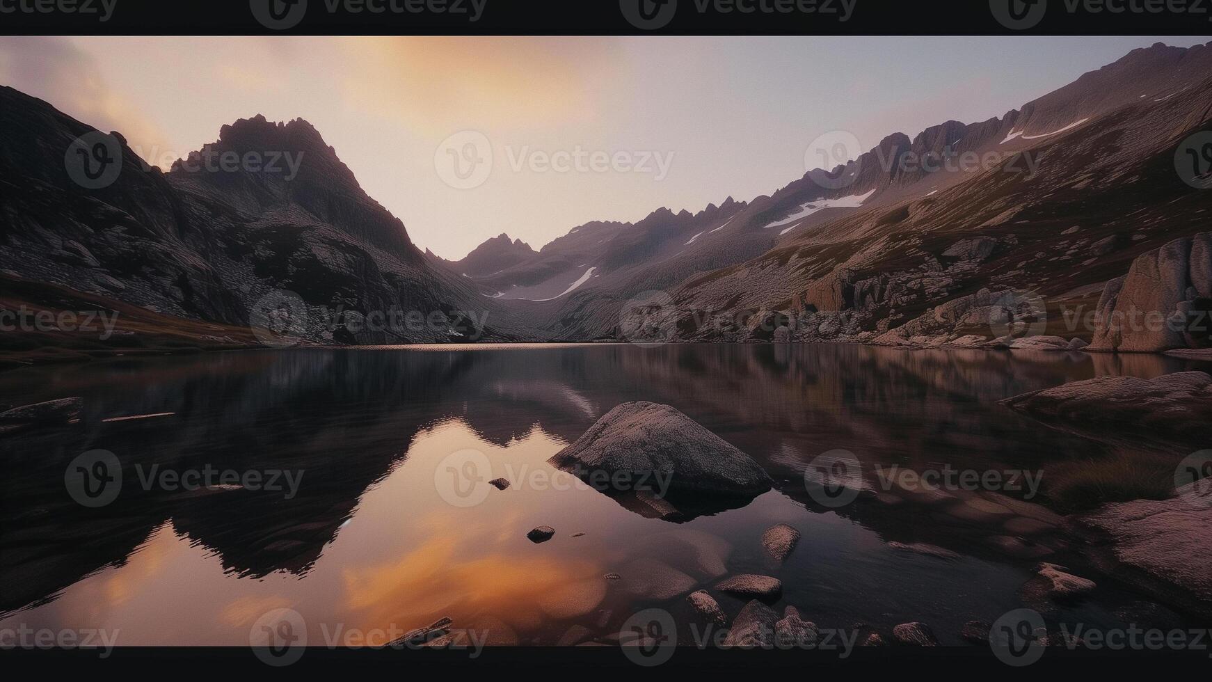 ai gegenereerd een berg meer met rotsen en water Bij zonsondergang foto