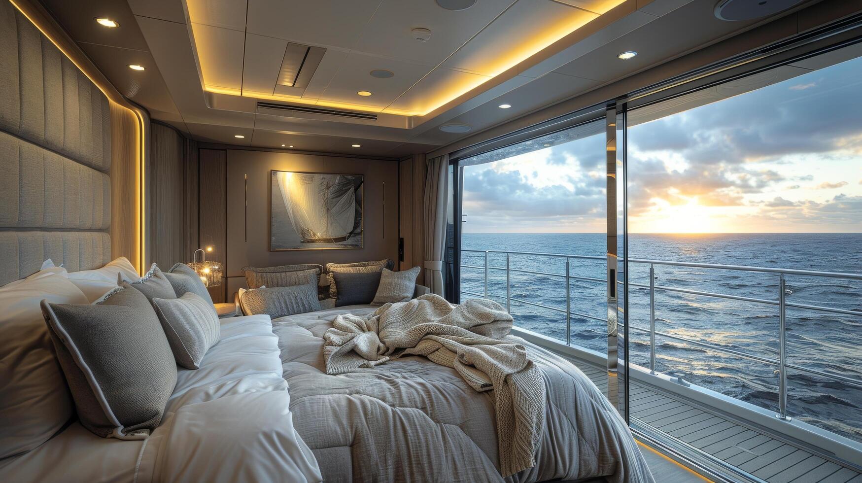 ai gegenereerd slaapkamer met groot venster met uitzicht de oceaan foto