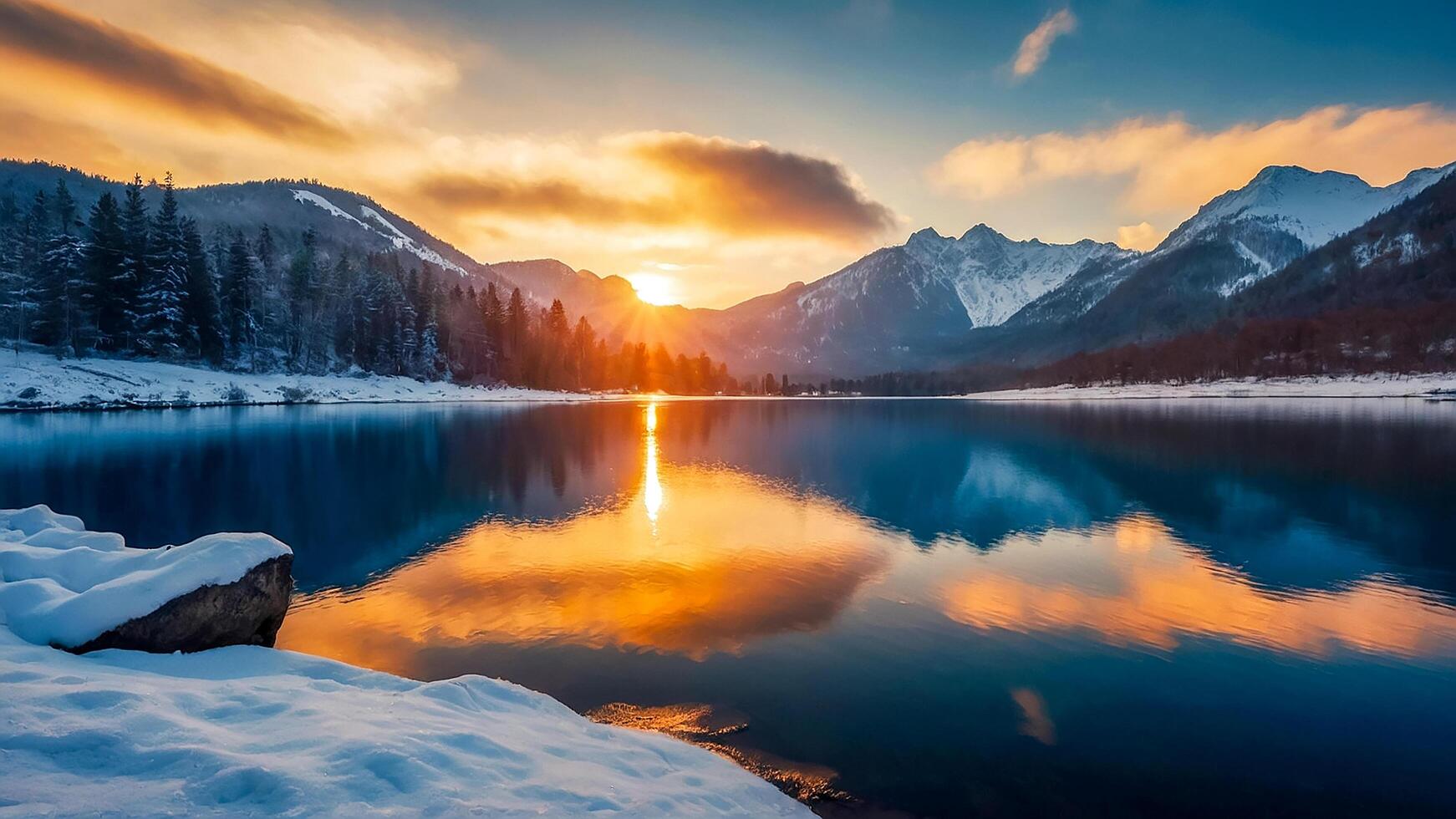 ai gegenereerd meer en berg mooi kleurrijk landschap zonsondergang. foto