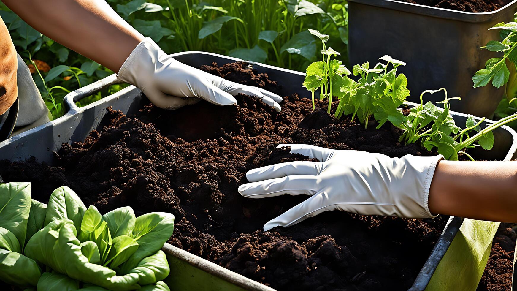 ai gegenereerd detailopname van menselijk handen in wit handschoenen aanplant zaailingen in bodem foto