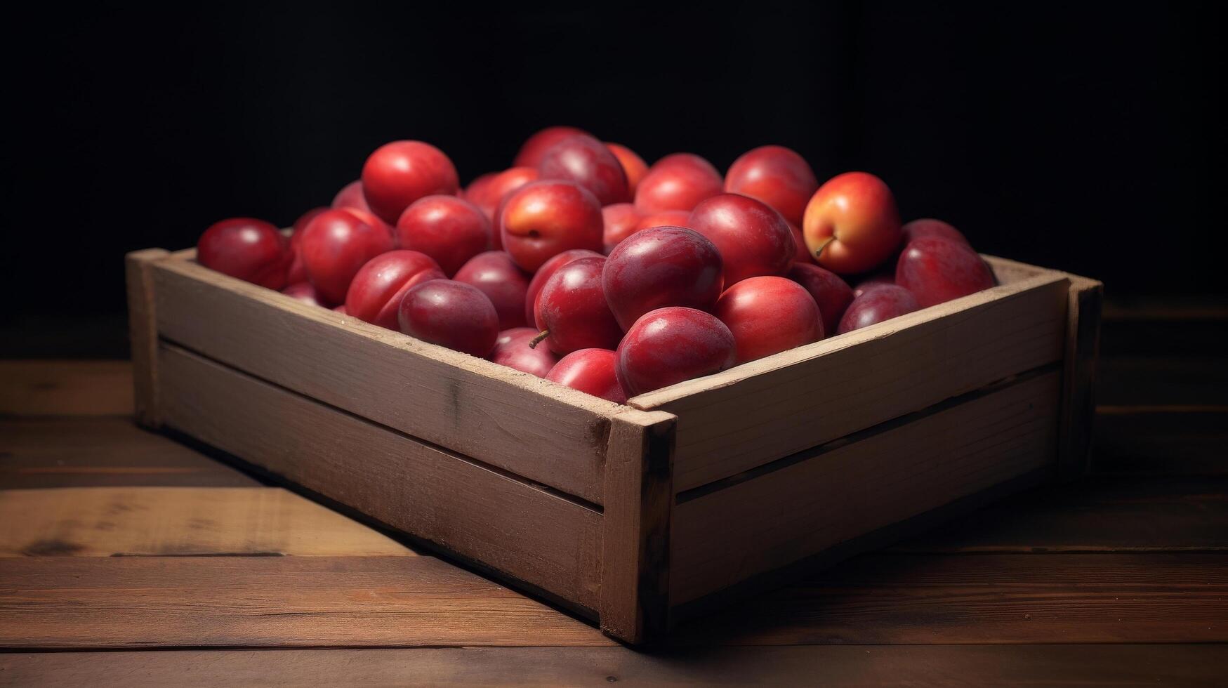 ai gegenereerd houten krat gevulde met heerlijk en sappig rijp pluots foto