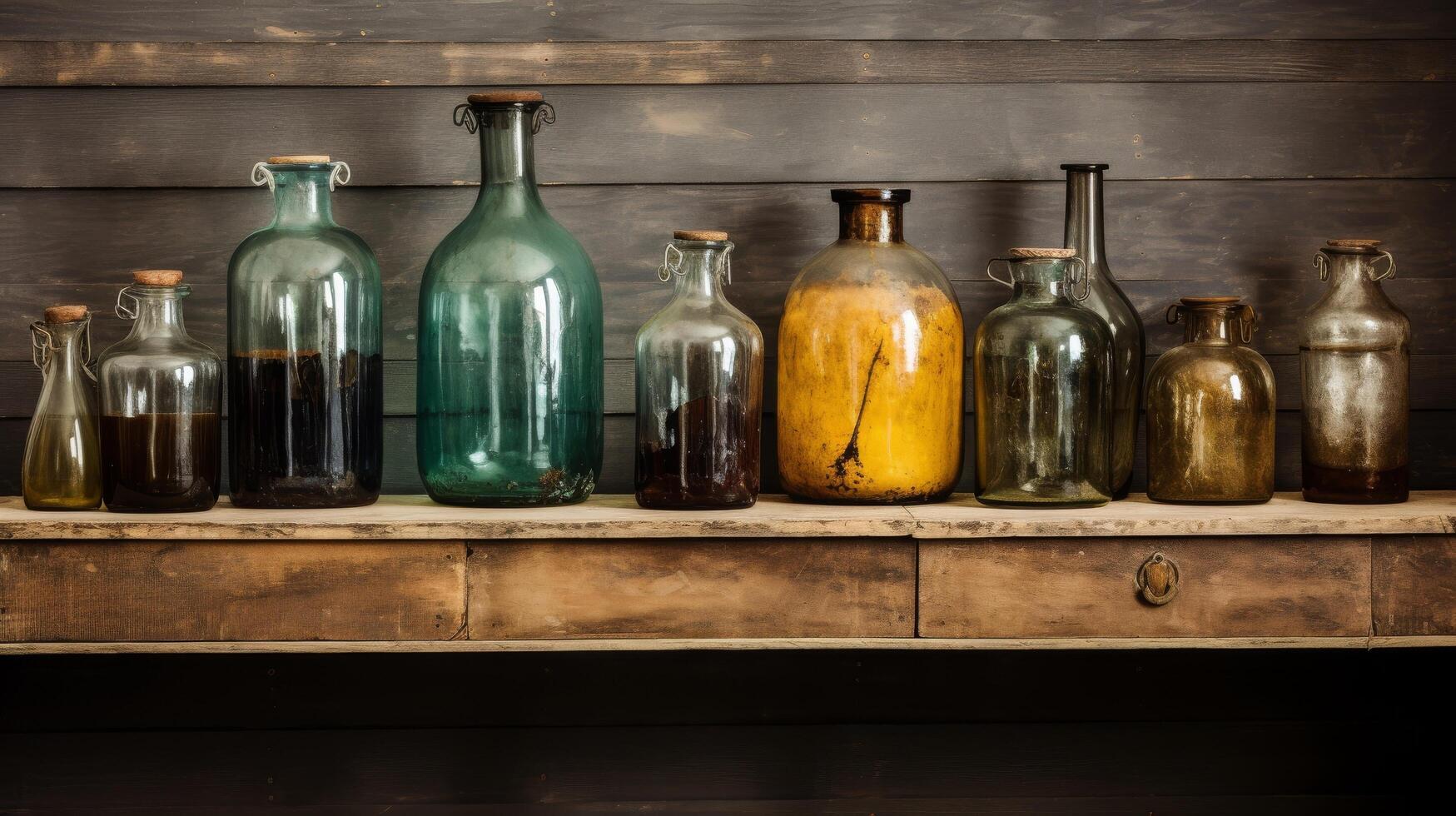 ai gegenereerd groep van oud glas potten in een verzamelaars arrangement foto
