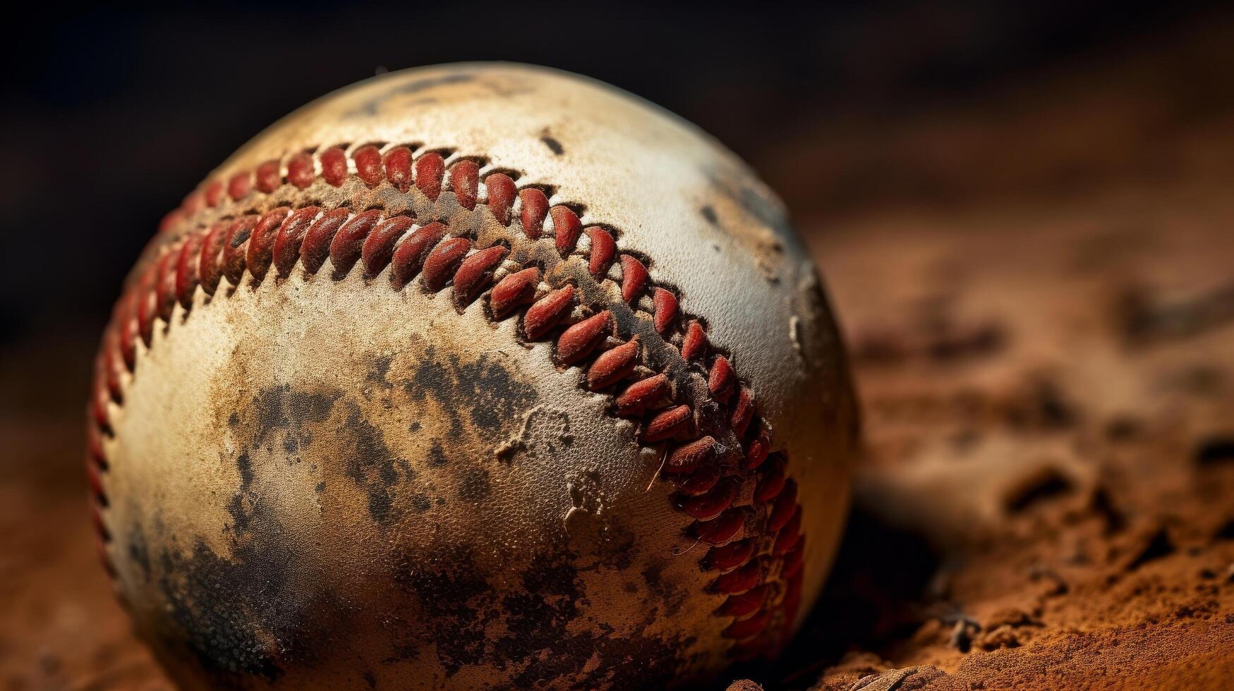 ai gegenereerd een honkballen rood stiksels en wit leer zijn in focus in deze detailopname foto
