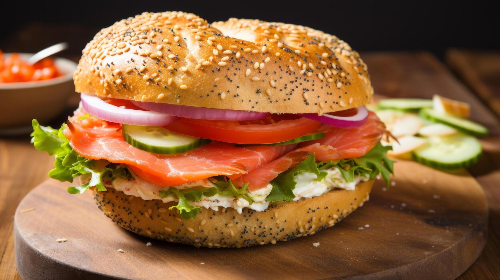 ai gegenereerd bagel gelaagde met gerookt Zalm en room kaas foto