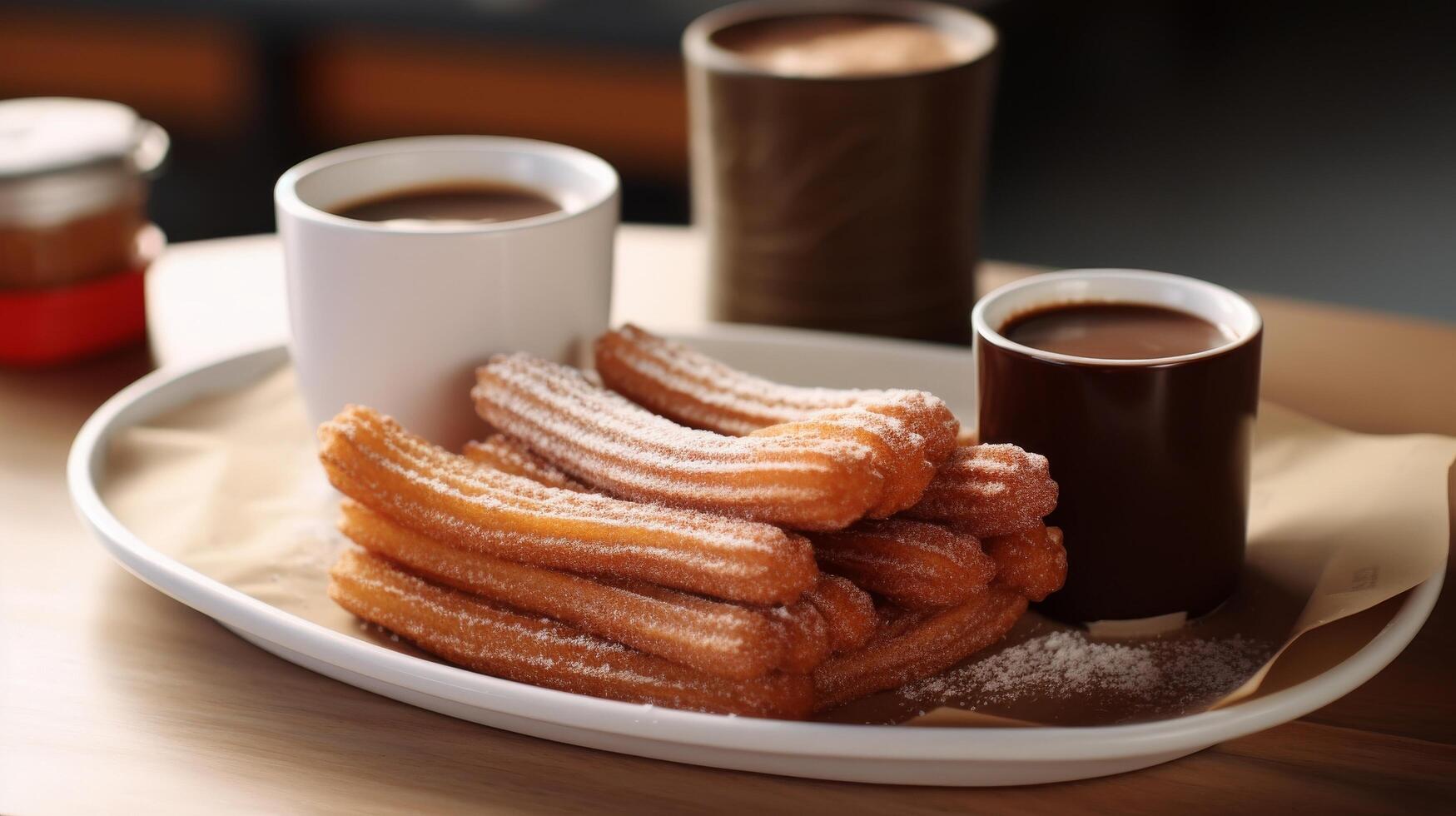 ai gegenereerd zoet churros en stomen drinken foto