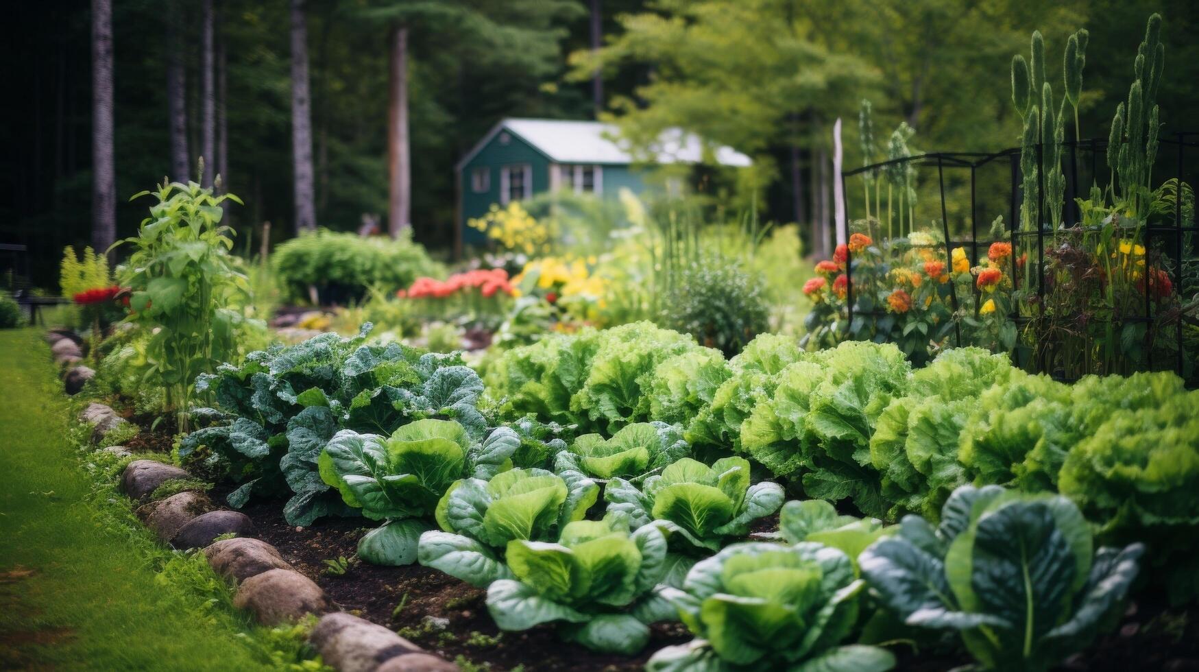 ai gegenereerd zonovergoten groen in een bloeiend groente tuin foto