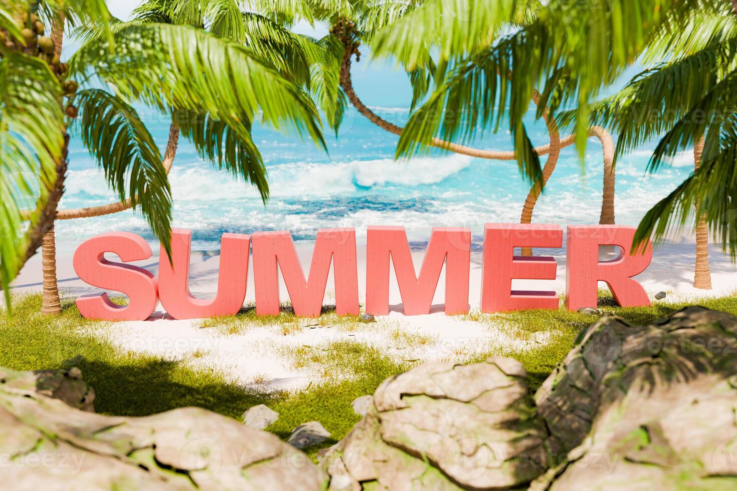 zomer tekst in tropisch strand instelling met palm bomen foto
