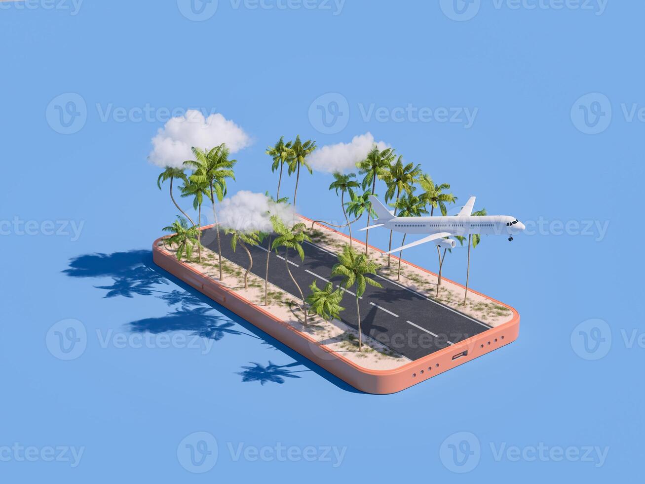 vliegtuig nemen uit van een smartphone landingsbaan met tropisch palmen foto