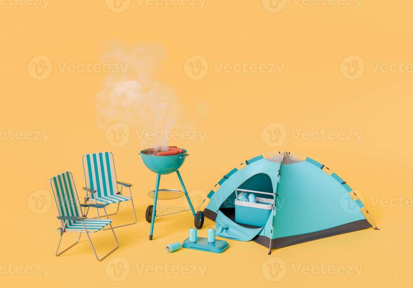 zomer camping tafereel met bbq grill, tent, en stoelen Aan geel achtergrond foto