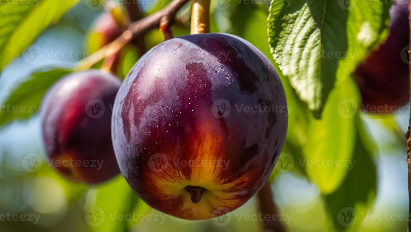 ai gegenereerd rijp Pruim Aan een Afdeling tegen de achtergrond van de tuin foto