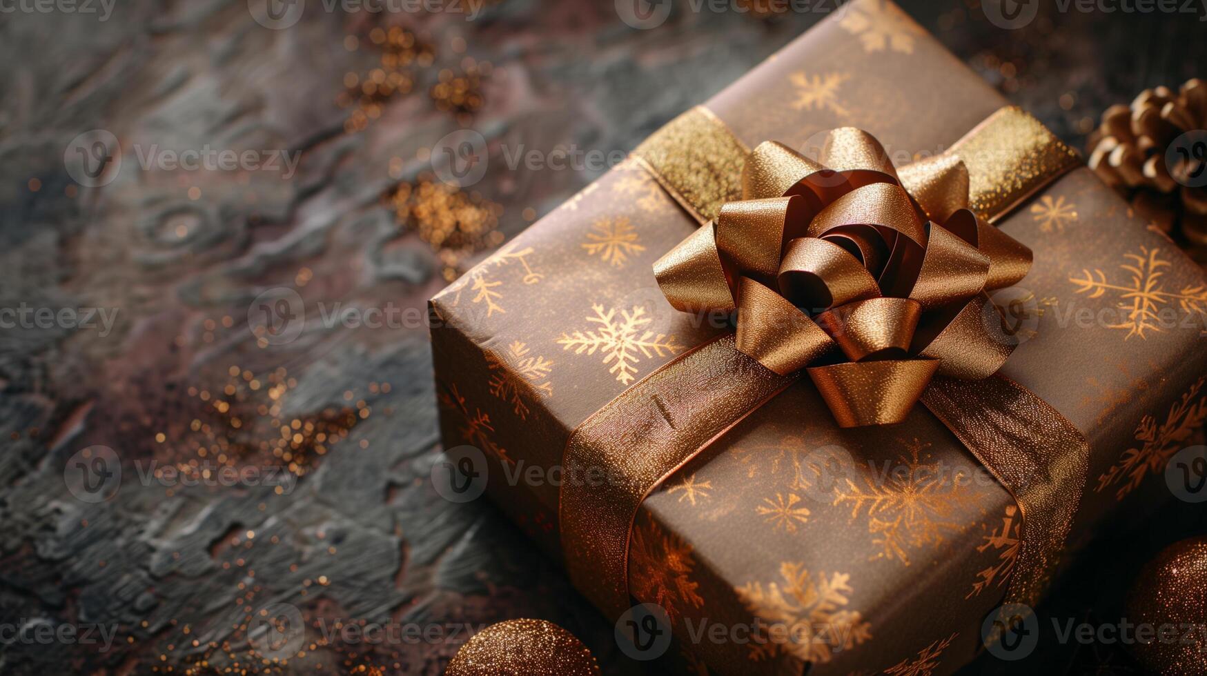 ai gegenereerd dichtbij omhoog foto van gouden geschenk doos verpakt in sneeuwvlok patroon en gouden lint zo elegant.
