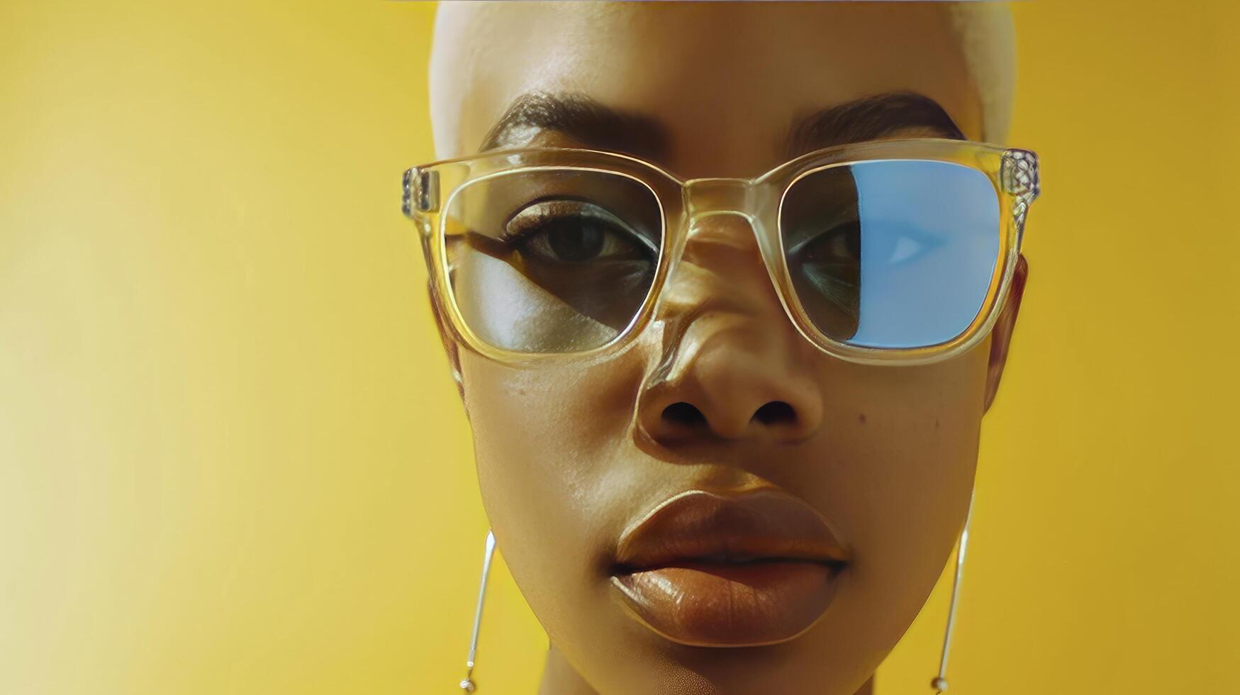 ai gegenereerd detailopname portret van een Afrikaanse Amerikaans vrouw sporting modieus zonnebril tegen een duidelijk geel achtergrond, uitstralend vertrouwen en stijl. foto