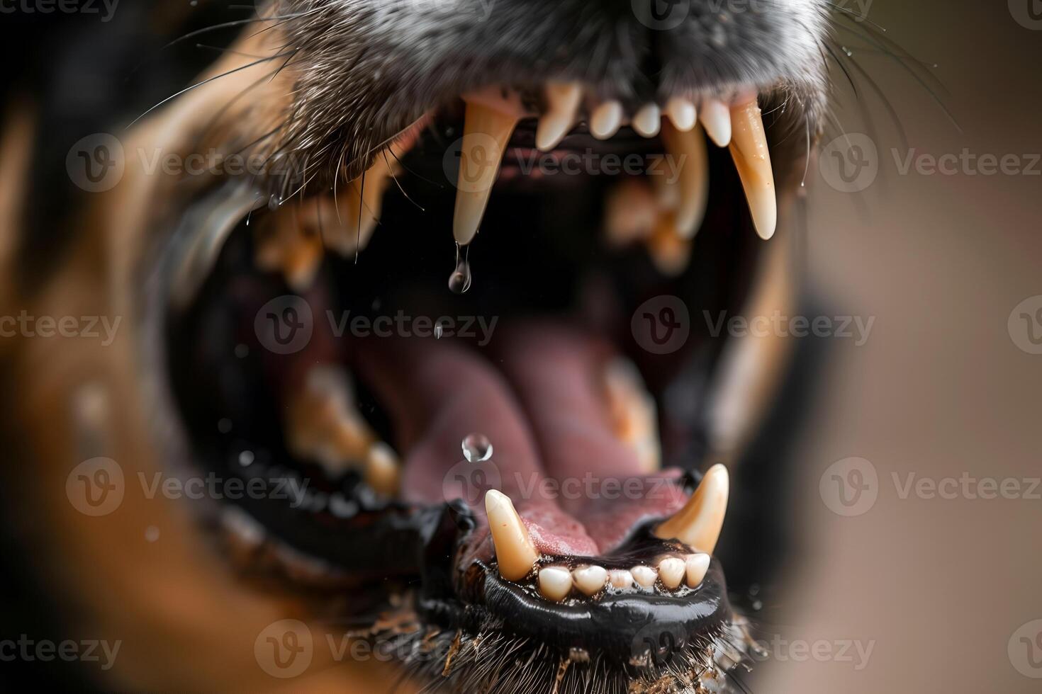 ai gegenereerd detailopname van mond van agressief hond blaffen. hondsdolheid virus infectie concept. foto