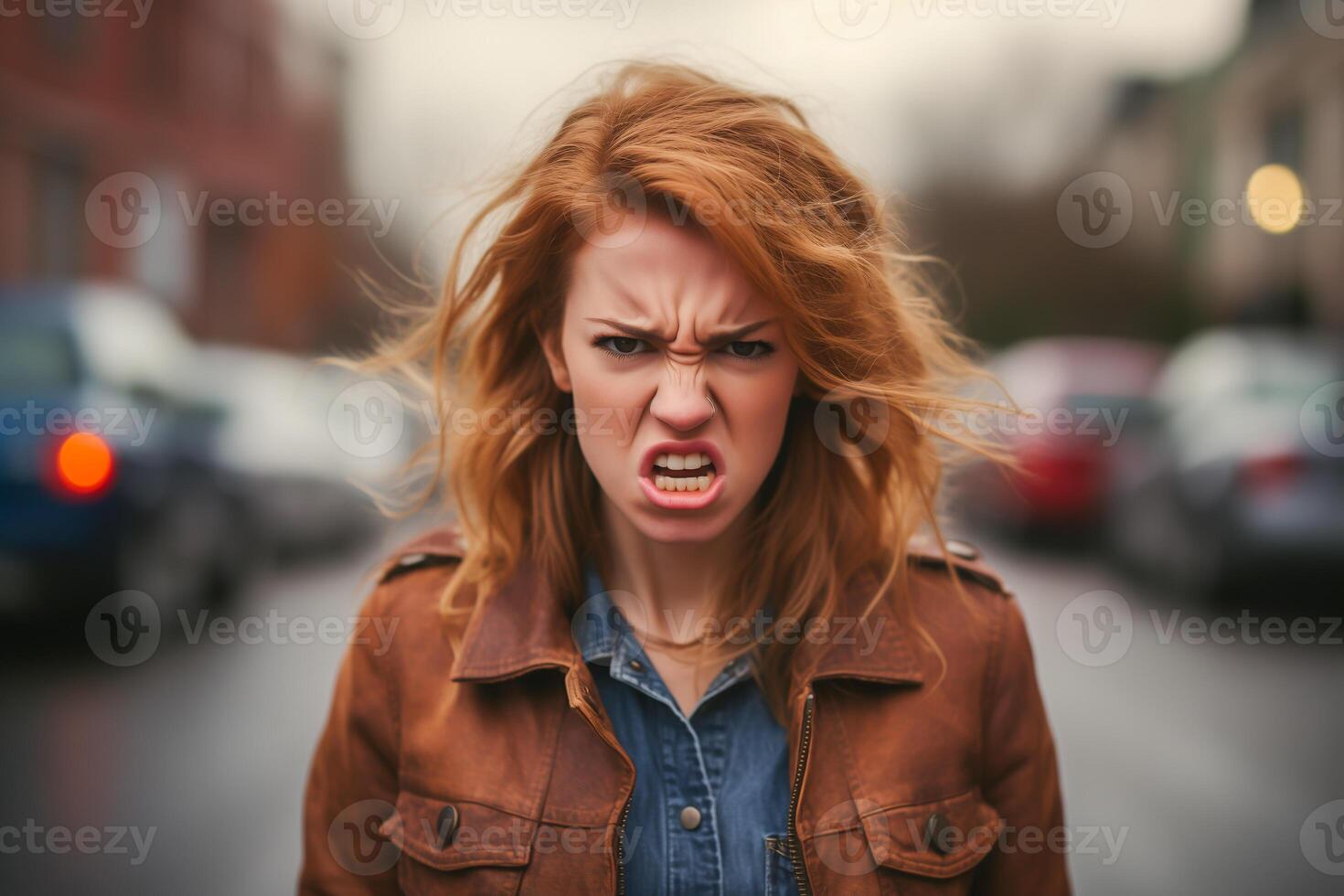 ai gegenereerd boos jong vrouw Aan de straat. portret van woedend vrouw, detailopname. foto