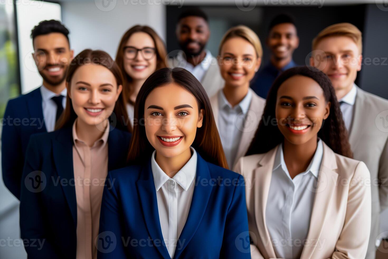 ai gegenereerd groep van mensen in de kantoor. gelukkig geslaagd bedrijf team. verscheidenheid concept in bedrijf leven. foto