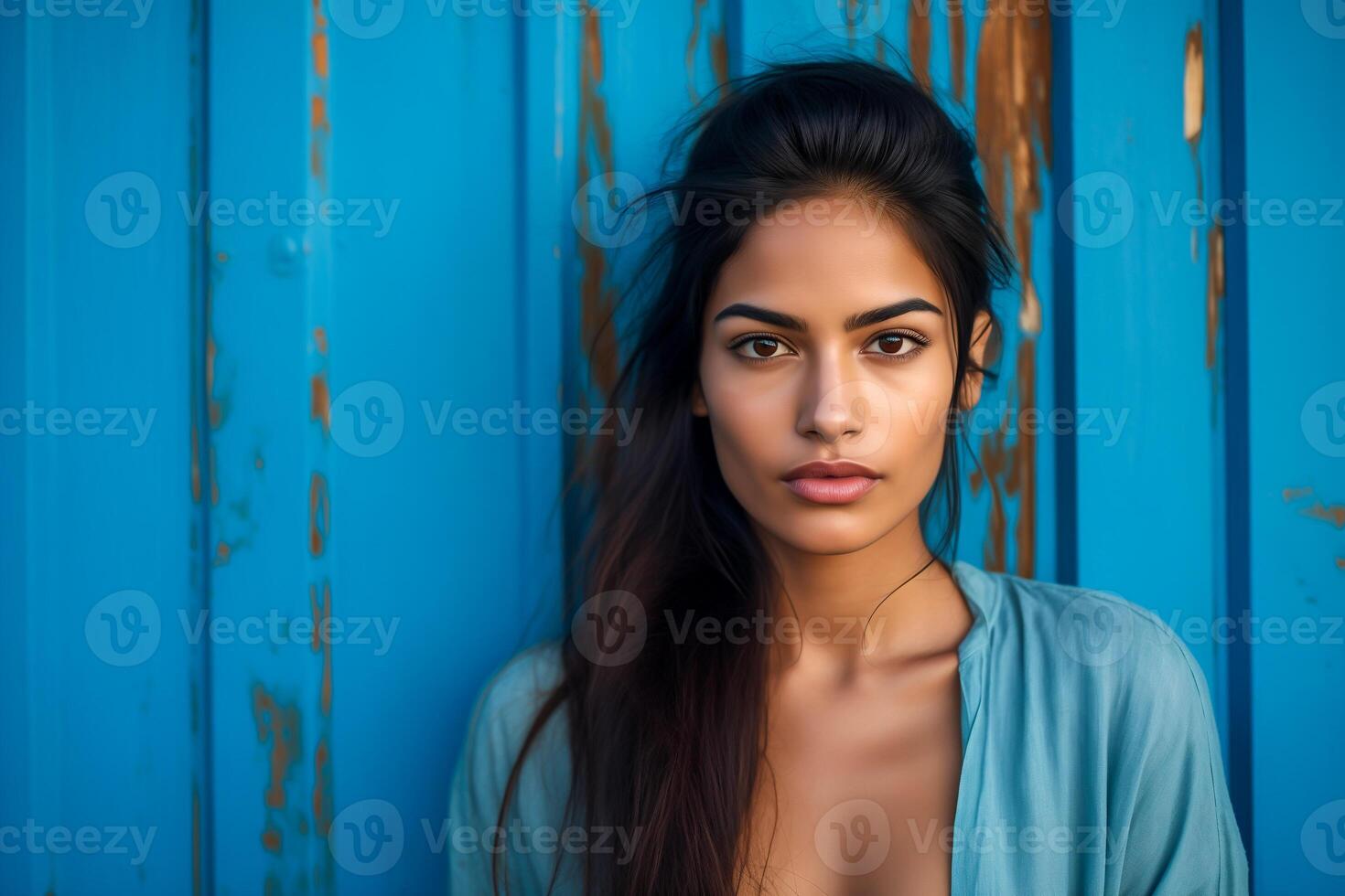 ai gegenereerd jong vrouw in voorkant van een blauw houten muur foto