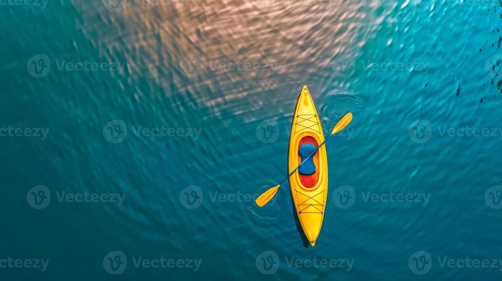ai gegenereerd antenne visie van solo kayaker Aan rustig water foto