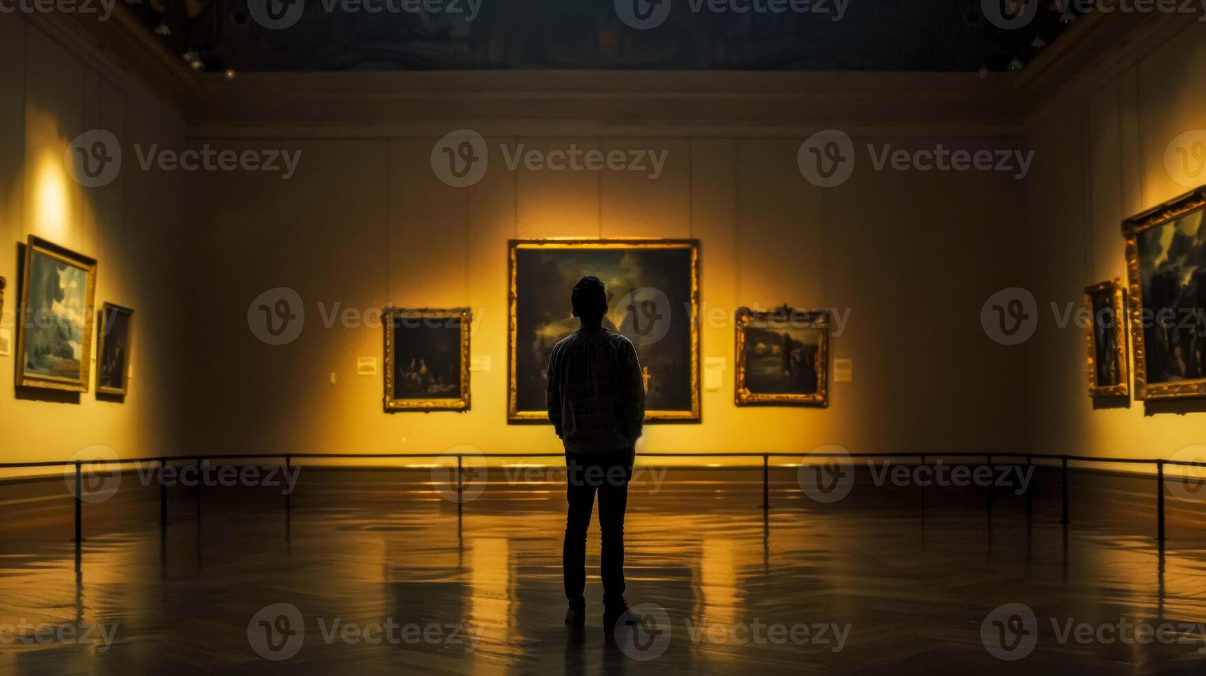 ai gegenereerd eenzaam bezoeker overweegt schilderijen in de rustig sfeer van een kunst galerij foto