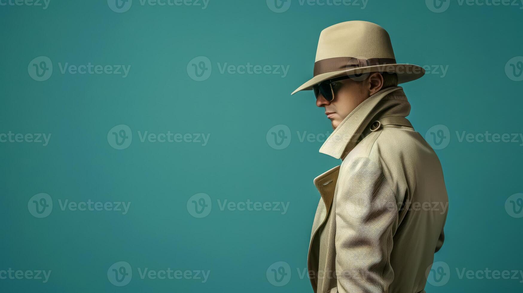 ai gegenereerd elegant detective in loopgraaf jas en fedora foto