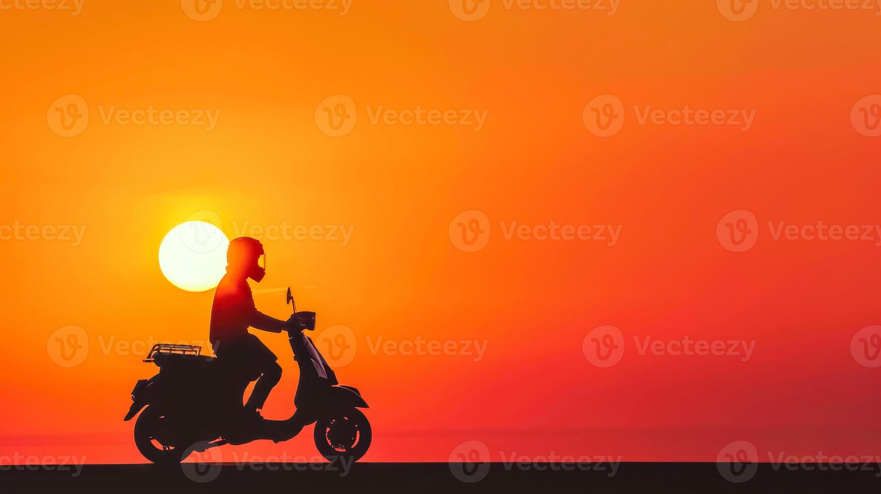 ai gegenereerd persoon ritten een scooter tegen een levendig oranje zonsondergang achtergrond foto