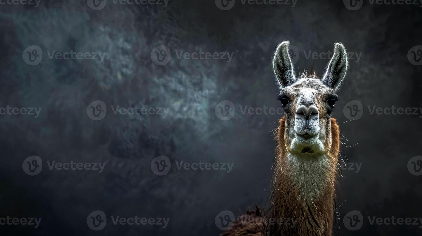 ai gegenereerd majestueus lama portret tegen donker achtergrond foto